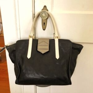 MARC BY MARC JACOBS FLIPPING OUT LARGE LAMBSKIN SATCHEL IN BLACK AND GREY